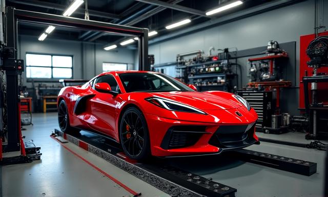 High-end automotive workshop interior with performance cars