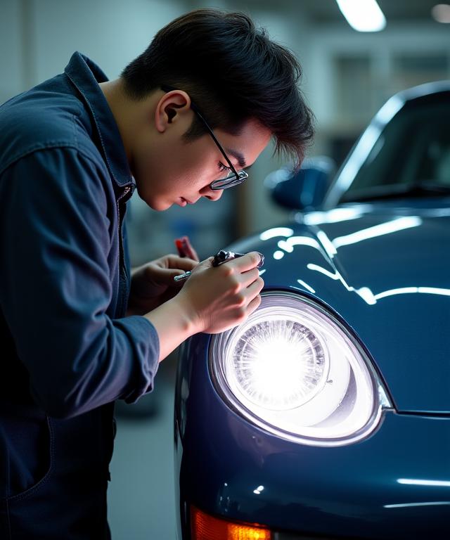 연마 공방의 장인이 헤드라이트 복원 작업을 하고 있는 모습